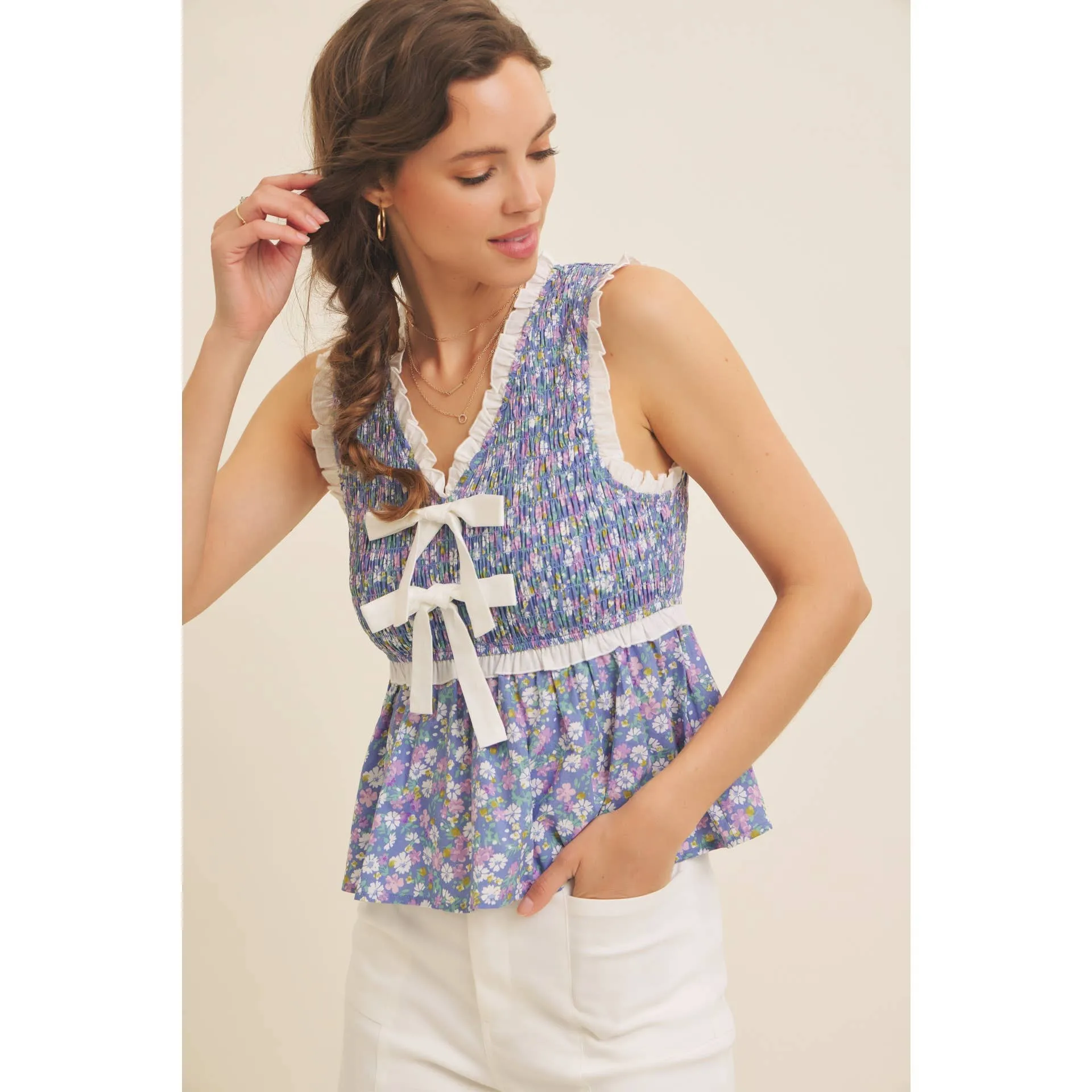 Ditsy Smocked Peplum Top