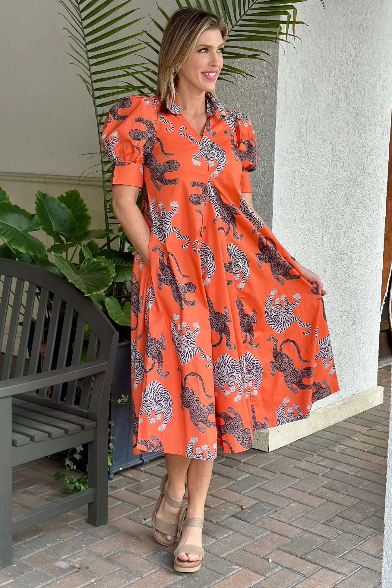 Dizzie Lizzie Montauk Big Cats Midi Dress-Rust/Orange