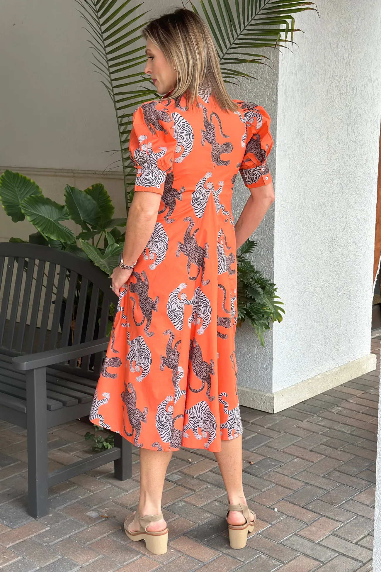 Dizzie Lizzie Montauk Big Cats Midi Dress-Rust/Orange