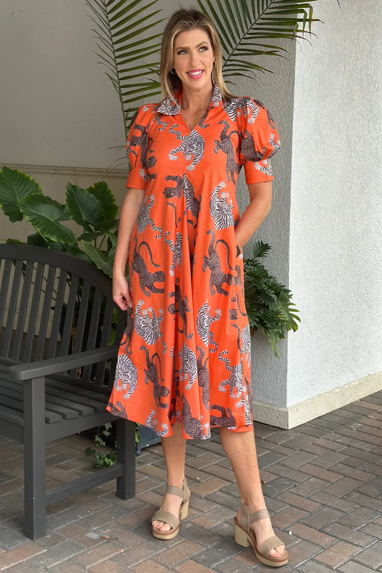 Dizzie Lizzie Montauk Big Cats Midi Dress-Rust/Orange