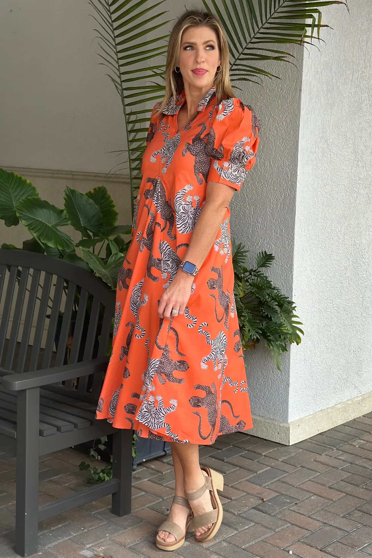 Dizzie Lizzie Montauk Big Cats Midi Dress-Rust/Orange