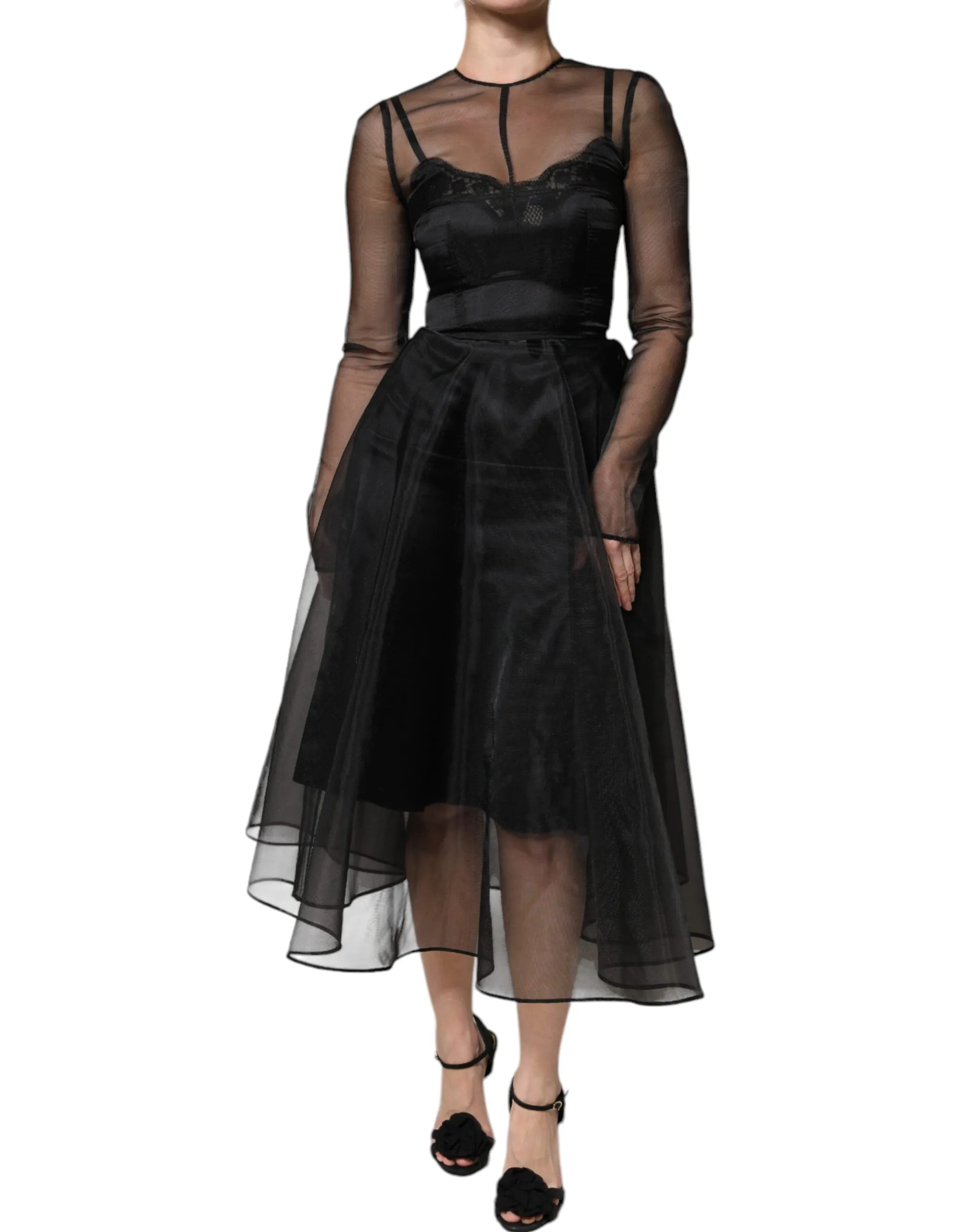 Dolce&Gabbana Women Black Dress Nylon Sheer Tulle A-Line Long Sleeves Gown IT 40