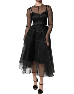 Dolce&Gabbana Women Black Dress Nylon Sheer Tulle A-Line Long Sleeves Gown IT 40