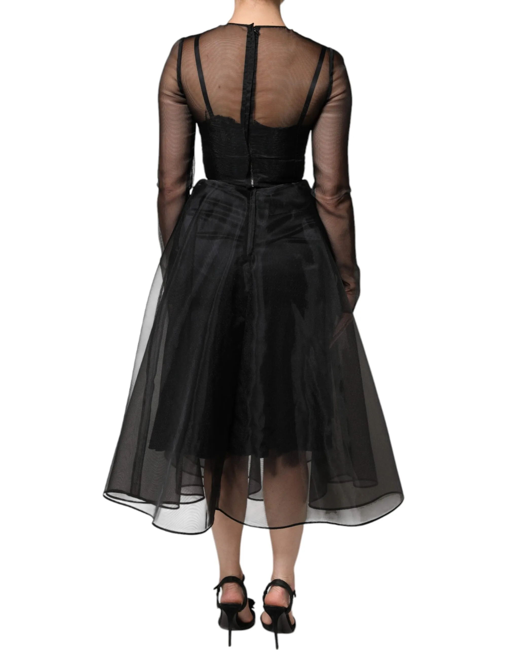 Dolce&Gabbana Women Black Dress Nylon Sheer Tulle A-Line Long Sleeves Gown IT 40