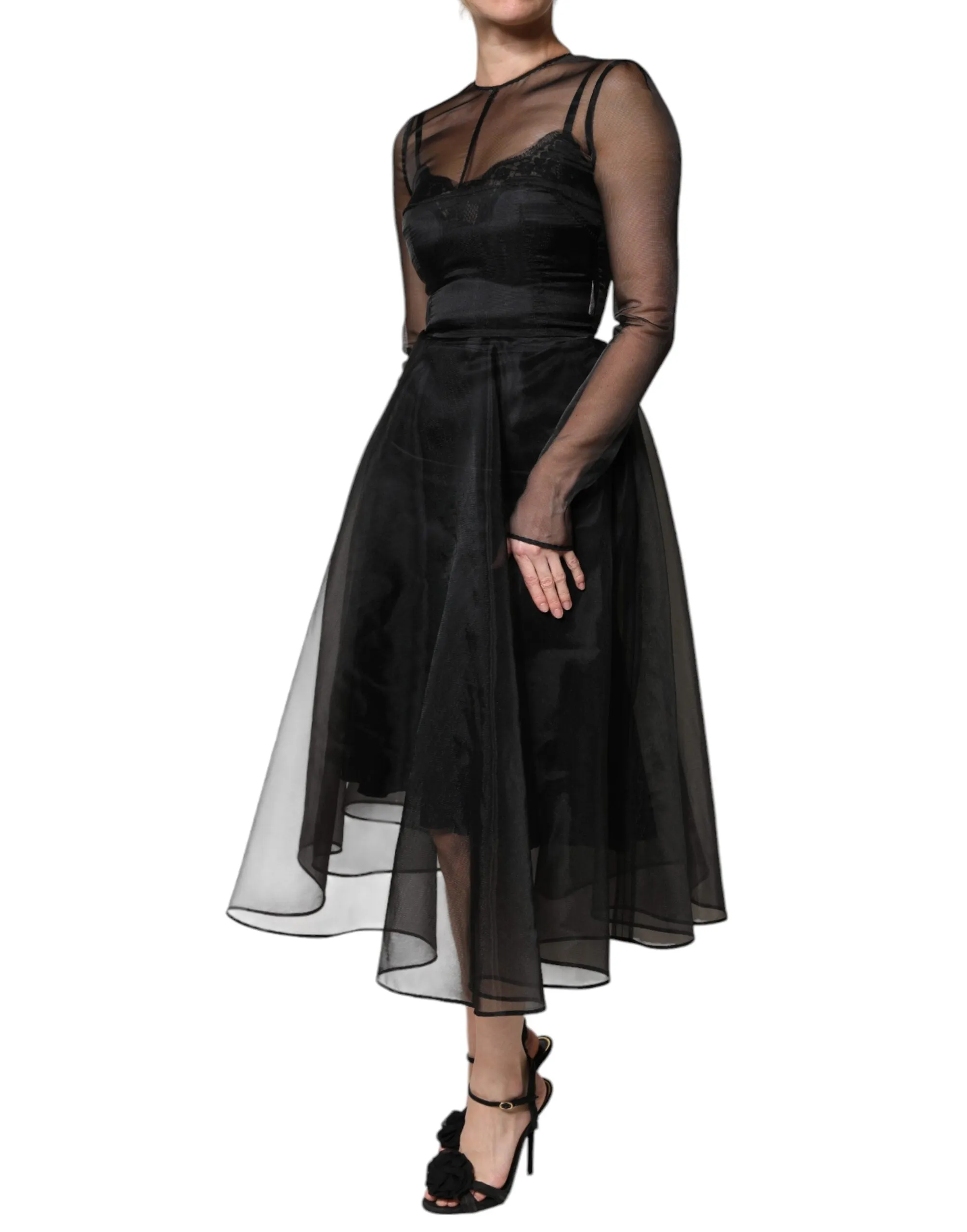 Dolce&Gabbana Women Black Dress Nylon Sheer Tulle A-Line Long Sleeves Gown IT 40