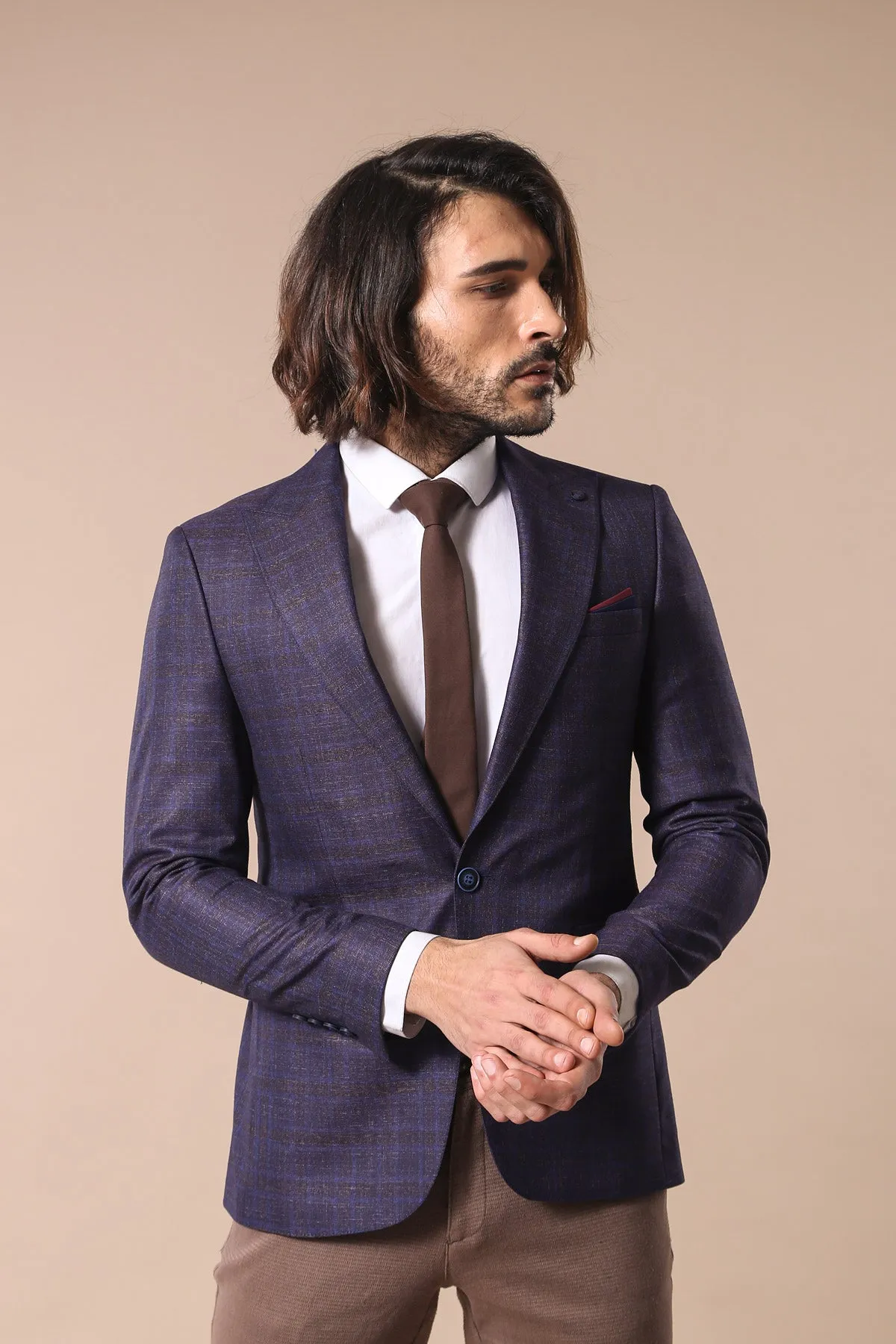 Double Breasted Plaid Burgundy Blazer - Wessi