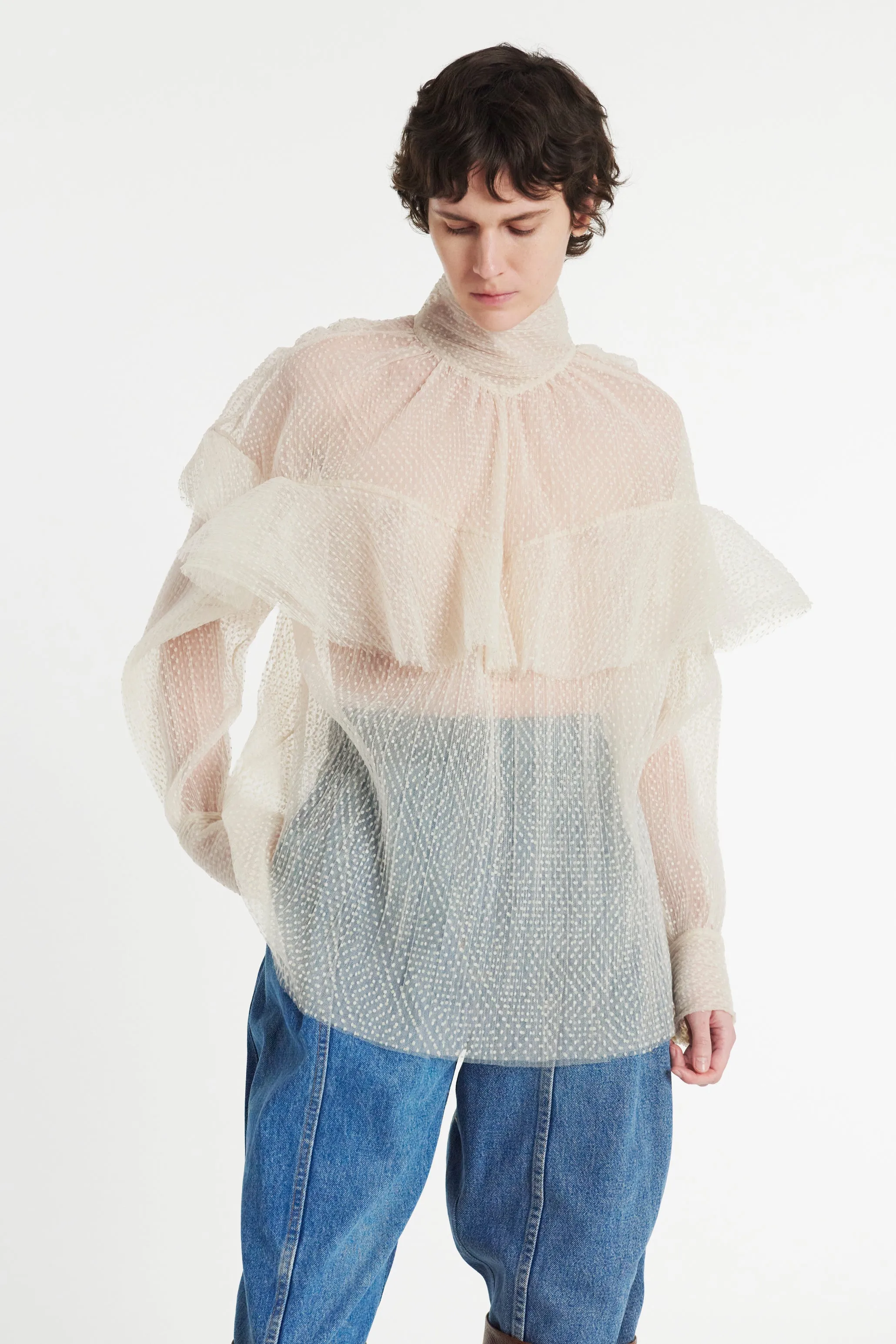 Double Layered Tulle Top with Chest Frill Detail