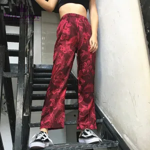 Dragon Embroidery Satin Wide Leg Pants