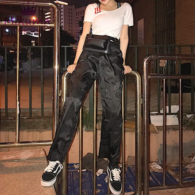Dragon Embroidery Satin Wide Leg Pants