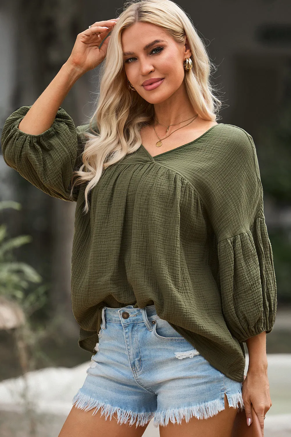 Dropped Shoulder V-Neck Blouse (7 Colors)