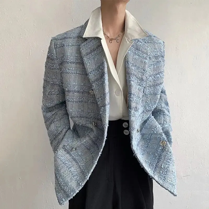 Elegant Blue Tweed Blazer with Lapel Collar for Modern Style