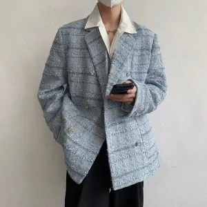 Elegant Blue Tweed Blazer with Lapel Collar for Modern Style