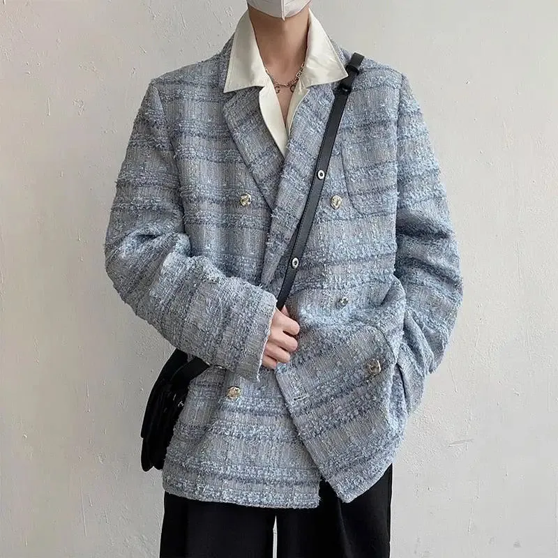 Elegant Blue Tweed Blazer with Lapel Collar for Modern Style