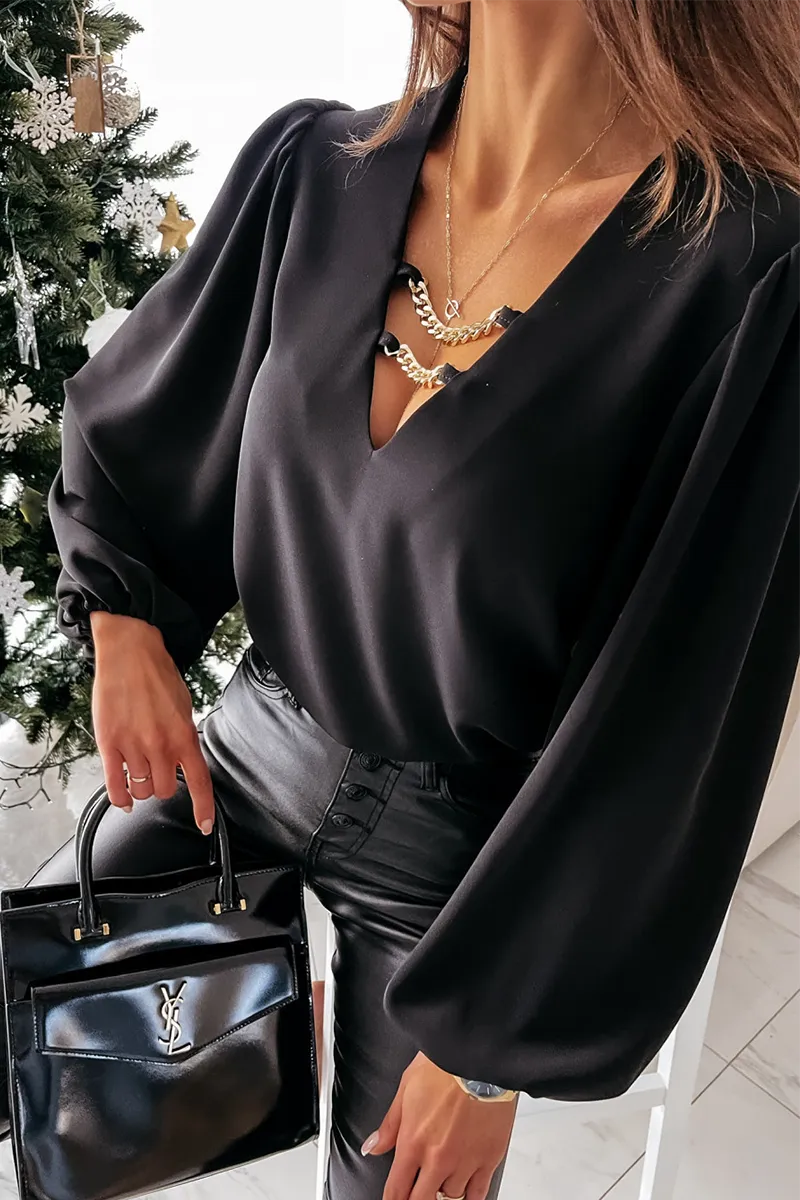 Elegant Solid Chains V Neck Tops