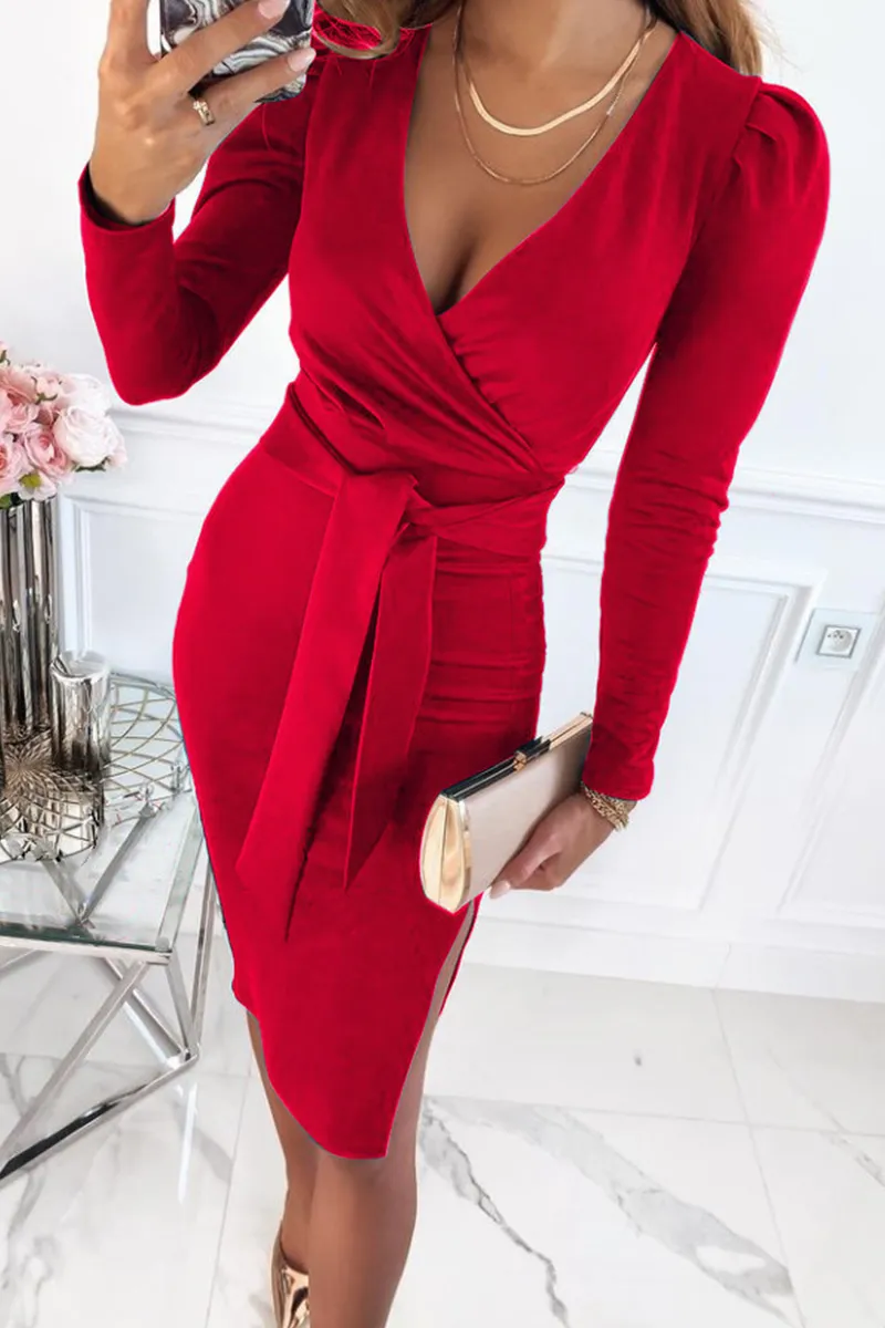 Elegant Solid Slit With Belt V Neck Wrapped Skirt Dresses(5 Colors)