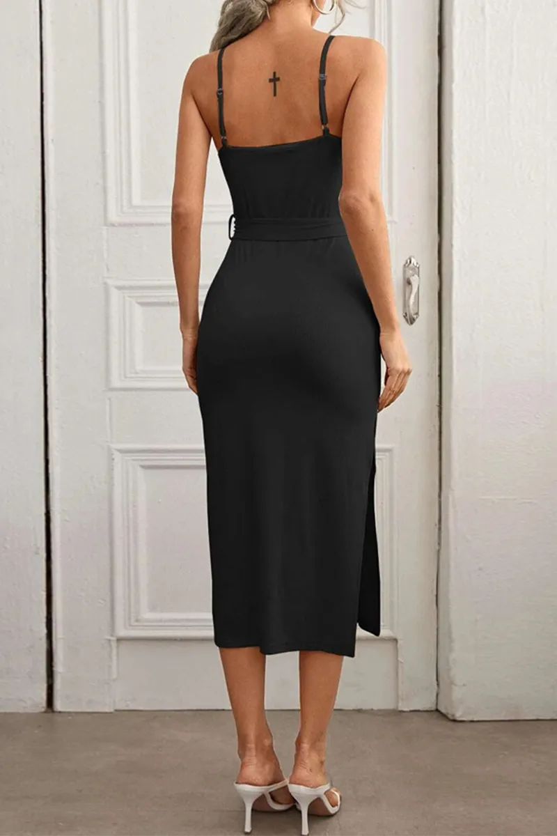 Elegant Solid With Belt Strapless Wrapped Skirt Dresses