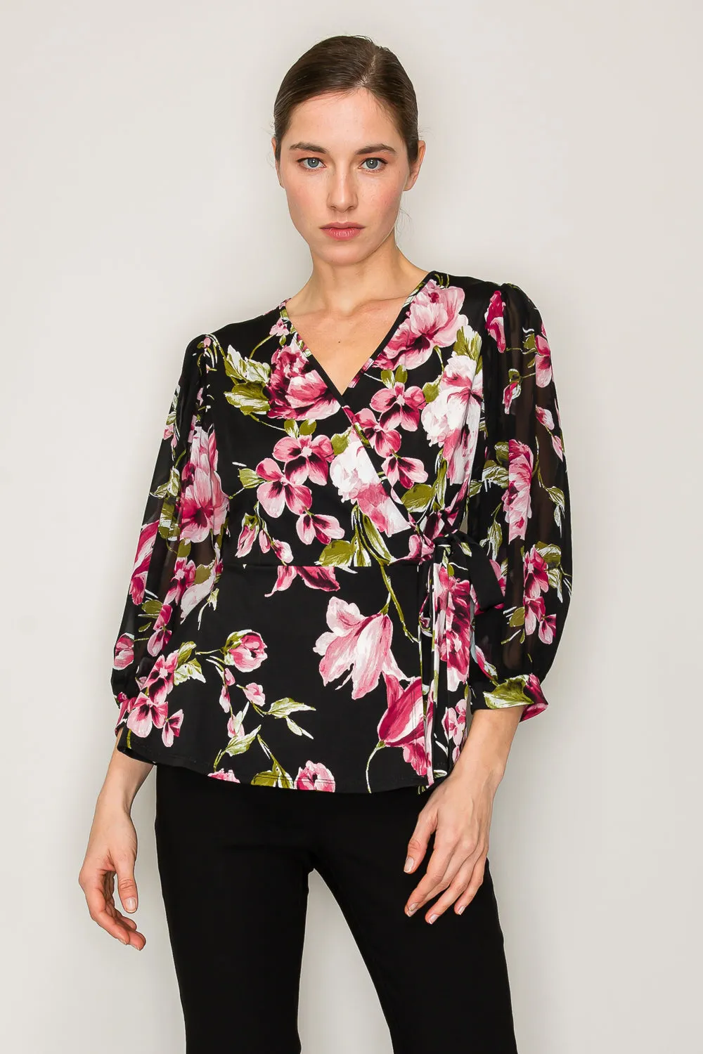 ELEGANT V NECK TIE WAIST LANTERN SLEEVE WRAP BLOUSE
