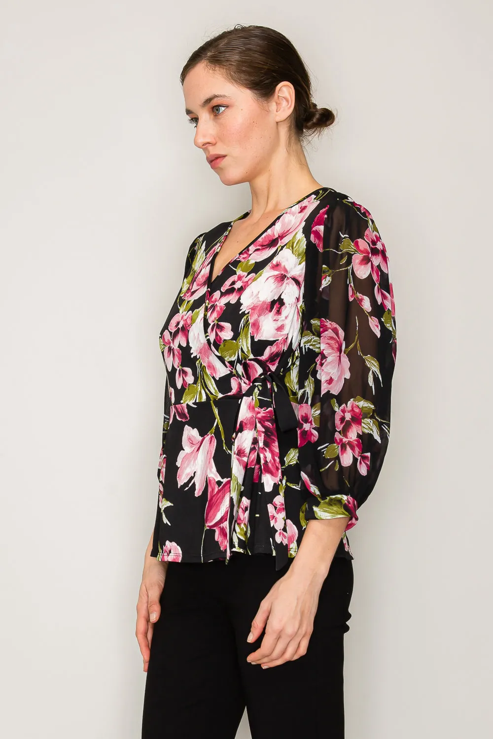 ELEGANT V NECK TIE WAIST LANTERN SLEEVE WRAP BLOUSE