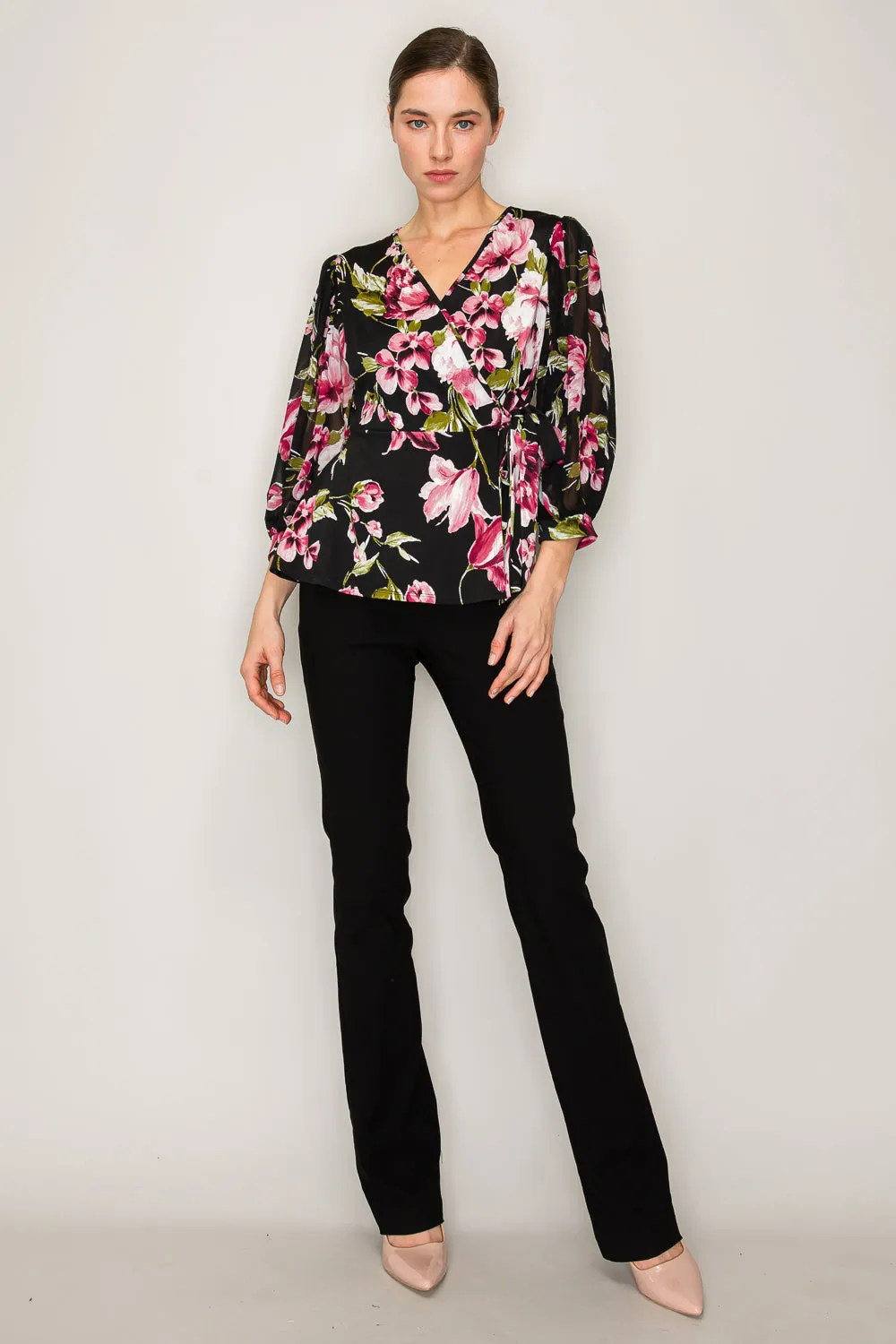 ELEGANT V NECK TIE WAIST LANTERN SLEEVE WRAP BLOUSE