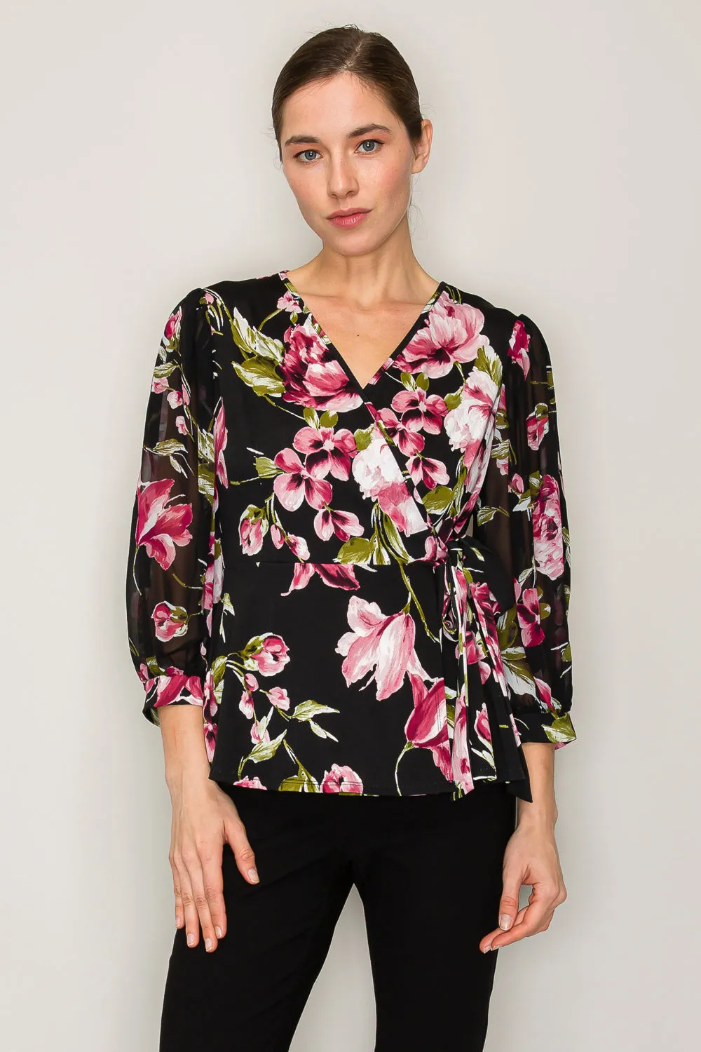 ELEGANT V NECK TIE WAIST LANTERN SLEEVE WRAP BLOUSE