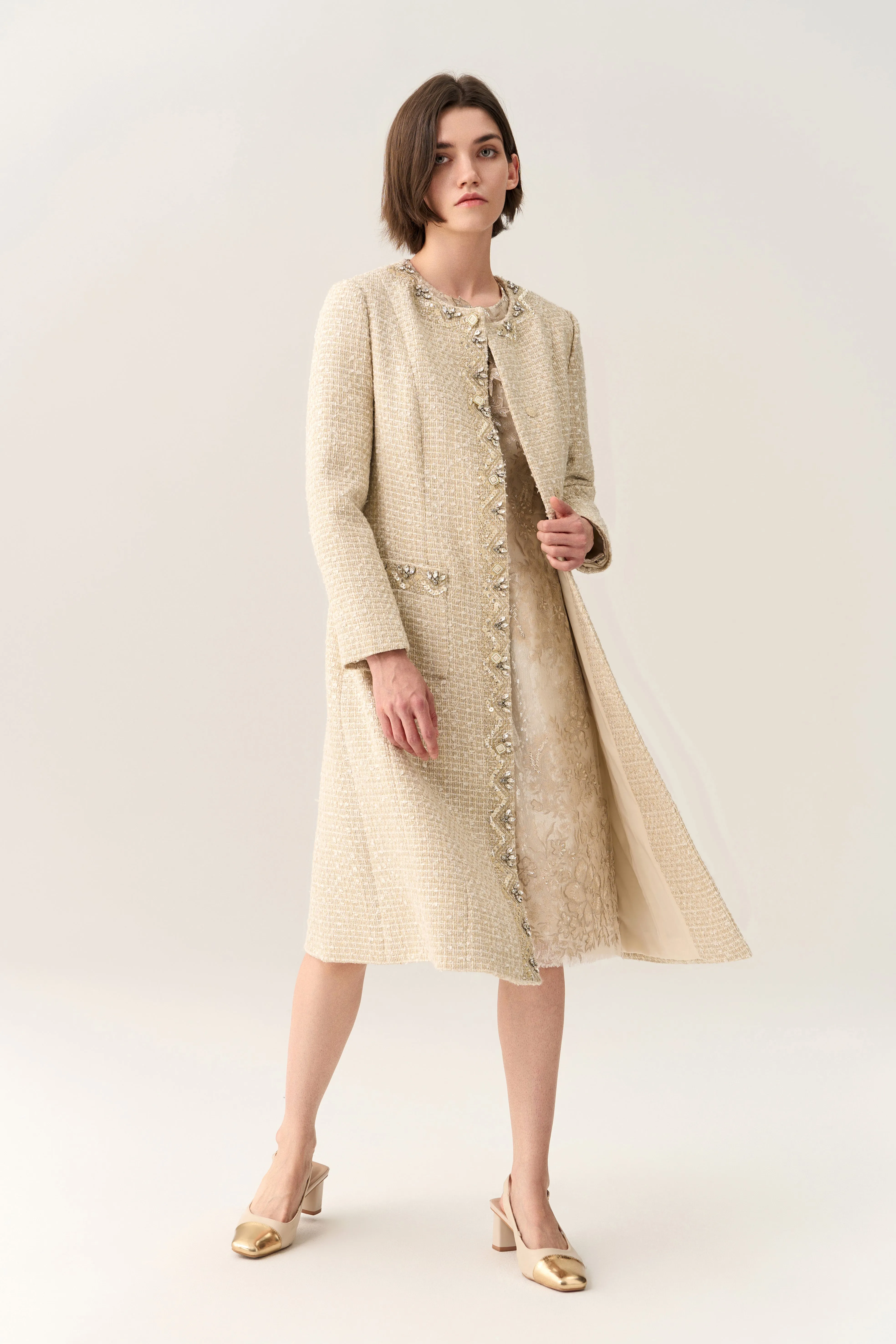 Embellish-trimmed Tie Belt Coat
