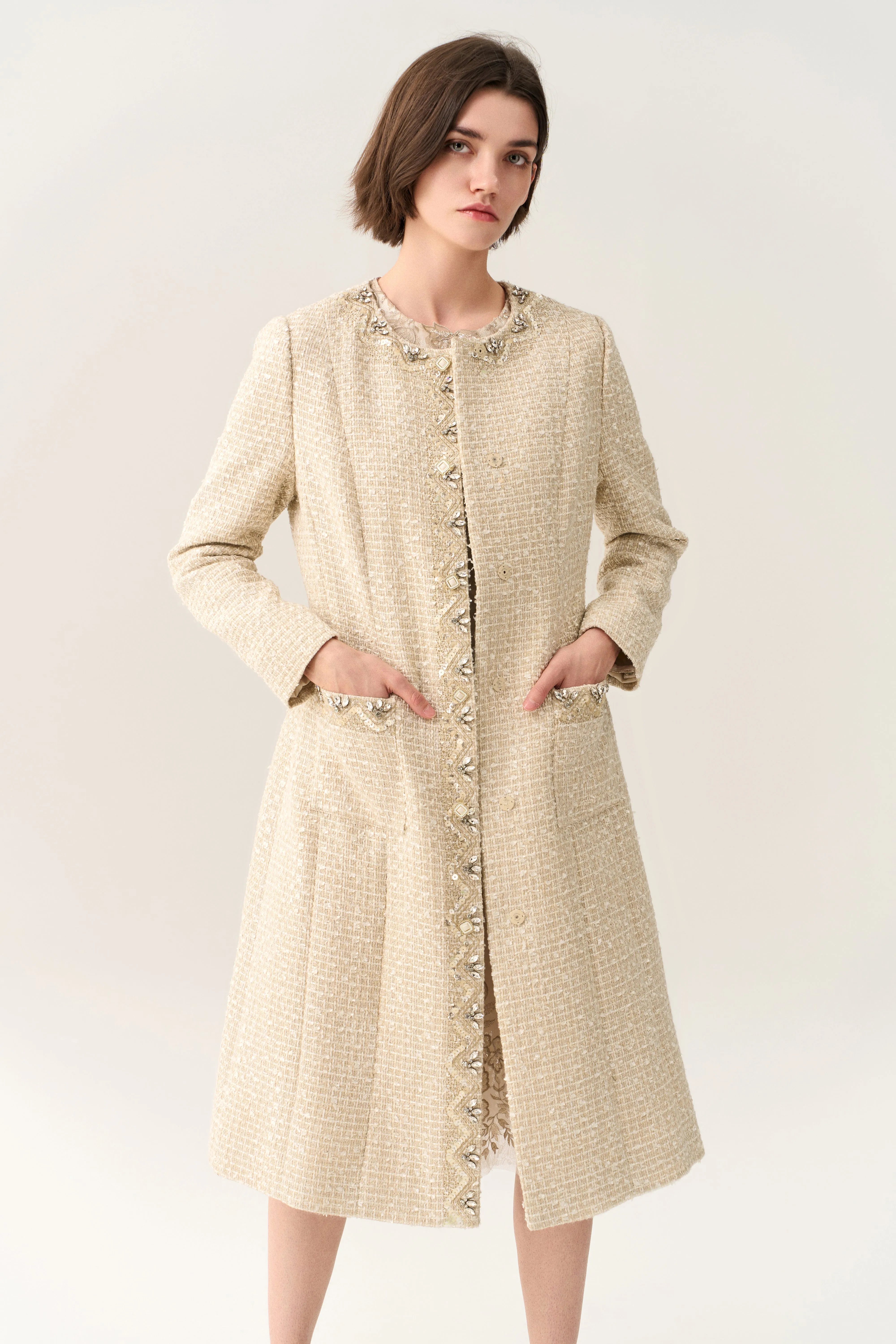 Embellish-trimmed Tie Belt Coat