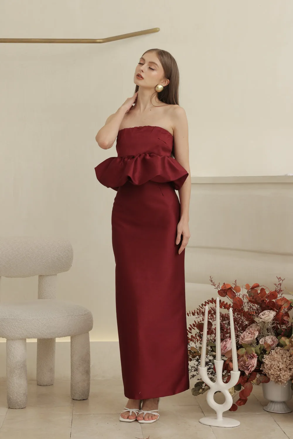 EMBER DRESS Strapless Peplum Top and Pencil  (Dark Maroon Gazaar)
