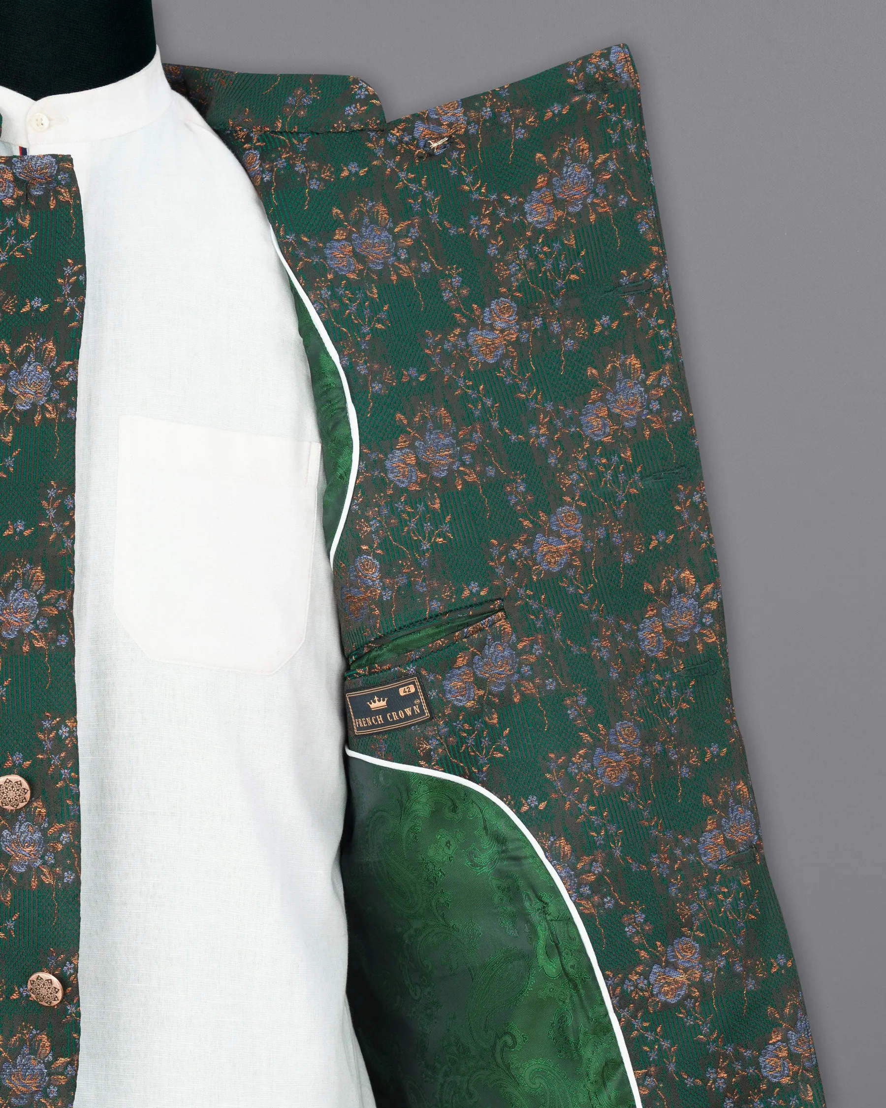 Everglade Green Floral Textured Cross Buttoned Bandhgala Designer Blazer
