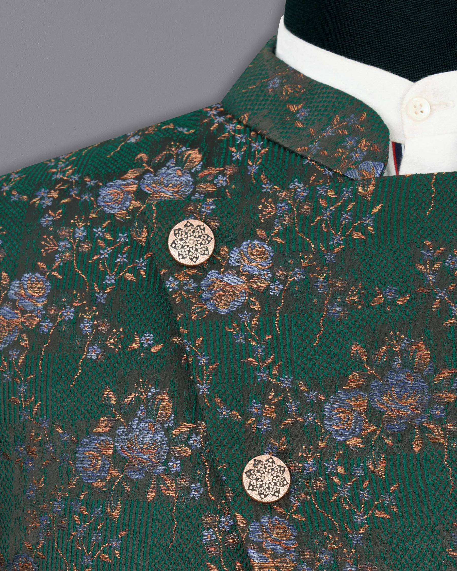 Everglade Green Floral Textured Cross Buttoned Bandhgala Designer Blazer