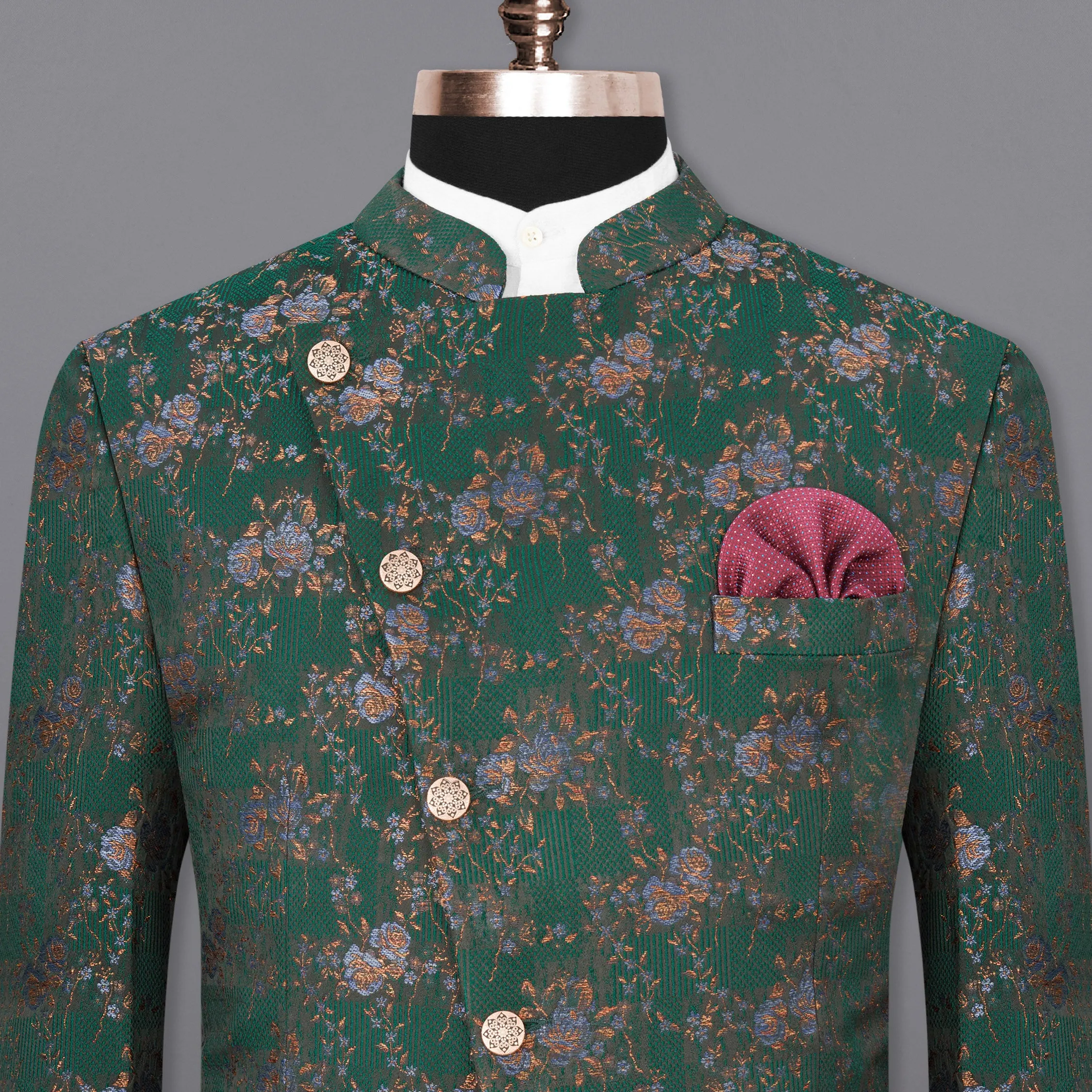 Everglade Green Floral Textured Cross Buttoned Bandhgala Designer Blazer