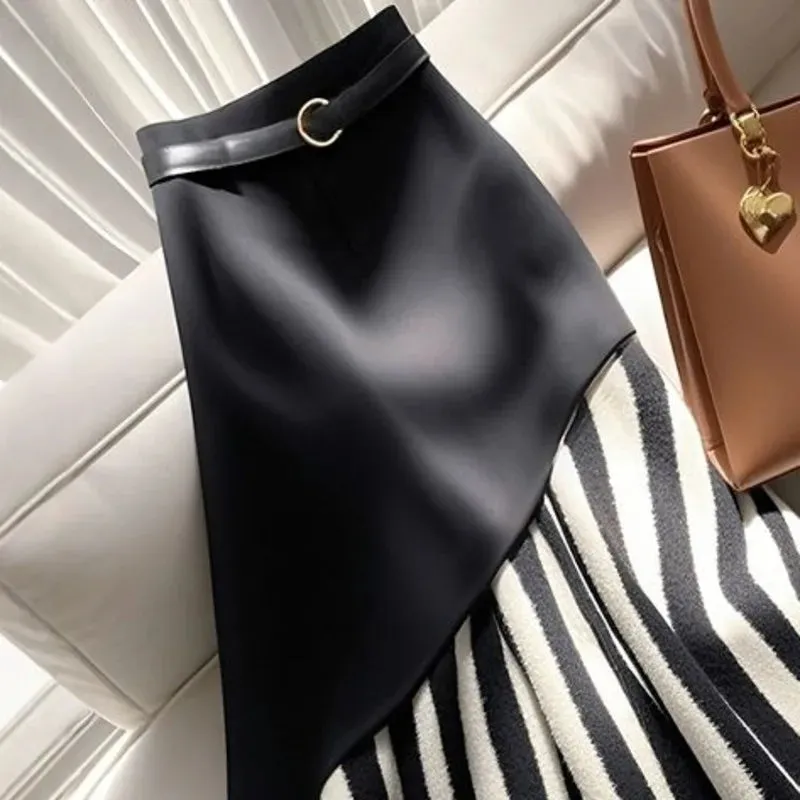 EWQ Irregualr Design Waistband Wrapped Hip Slim Mermaid Skirt 2025 Spring New Tide Striped Patchwork Half Long Skirt 27X2907
