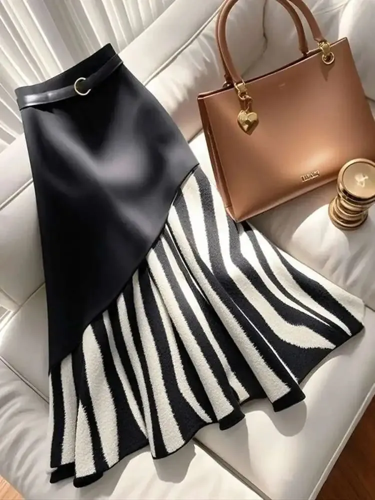 EWQ Irregualr Design Waistband Wrapped Hip Slim Mermaid Skirt 2025 Spring New Tide Striped Patchwork Half Long Skirt 27X2907
