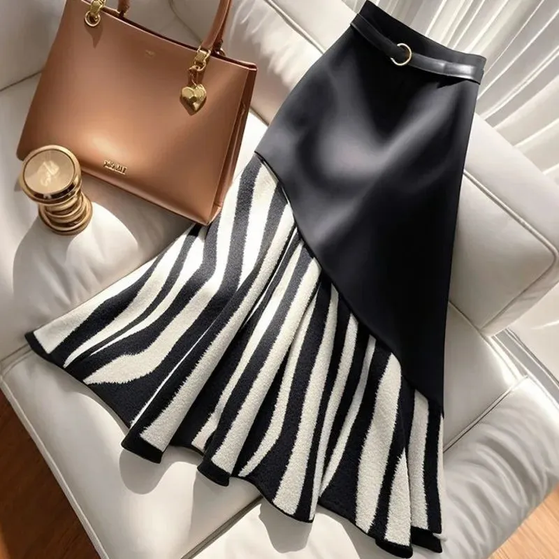 EWQ Irregualr Design Waistband Wrapped Hip Slim Mermaid Skirt 2025 Spring New Tide Striped Patchwork Half Long Skirt 27X2907