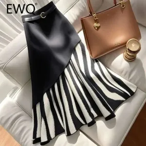 EWQ Irregualr Design Waistband Wrapped Hip Slim Mermaid Skirt 2025 Spring New Tide Striped Patchwork Half Long Skirt 27X2907