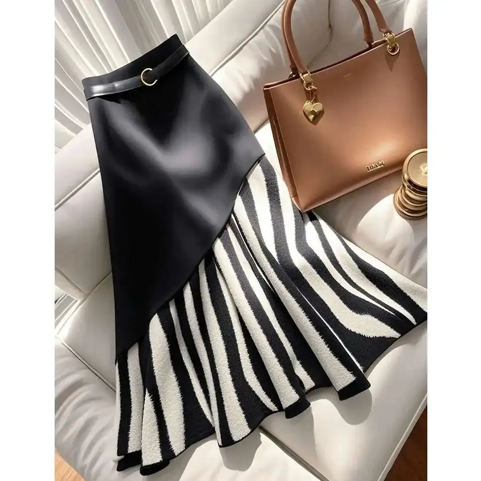 EWQ Irregualr Design Waistband Wrapped Hip Slim Mermaid Skirt 2025 Spring New Tide Striped Patchwork Half Long Skirt 27X2907