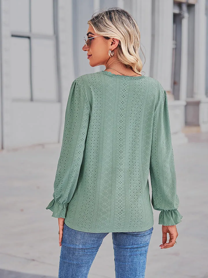 Eyelet V-Neck Flounce Sleeve Blouse (4 Colors)
