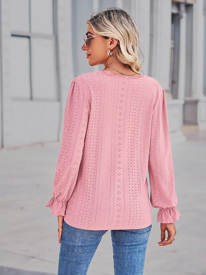 Eyelet V-Neck Flounce Sleeve Blouse (4 Colors)