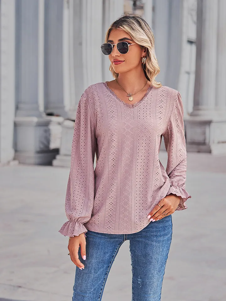 Eyelet V-Neck Flounce Sleeve Blouse (4 Colors)