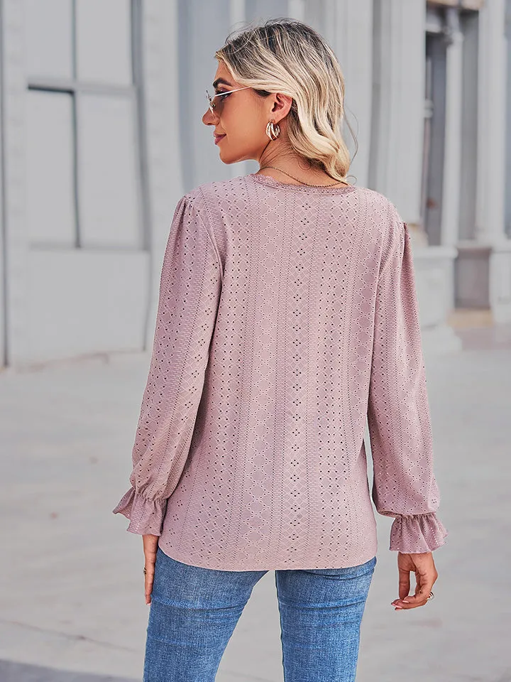 Eyelet V-Neck Flounce Sleeve Blouse (4 Colors)