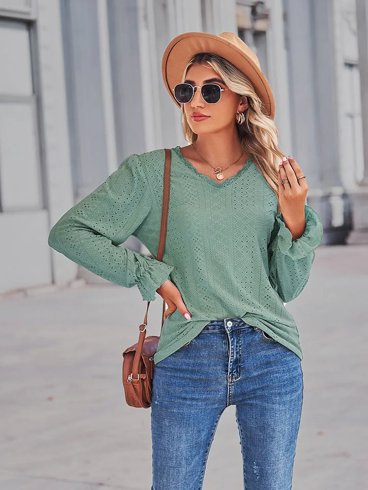 Eyelet V-Neck Flounce Sleeve Blouse (4 Colors)