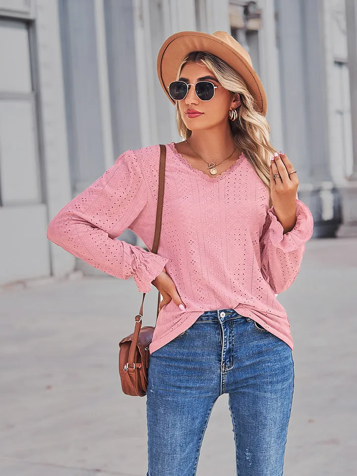 Eyelet V-Neck Flounce Sleeve Blouse (4 Colors)