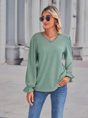 Eyelet V-Neck Flounce Sleeve Blouse (4 Colors)