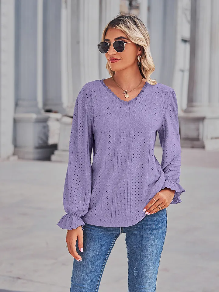 Eyelet V-Neck Flounce Sleeve Blouse (4 Colors)