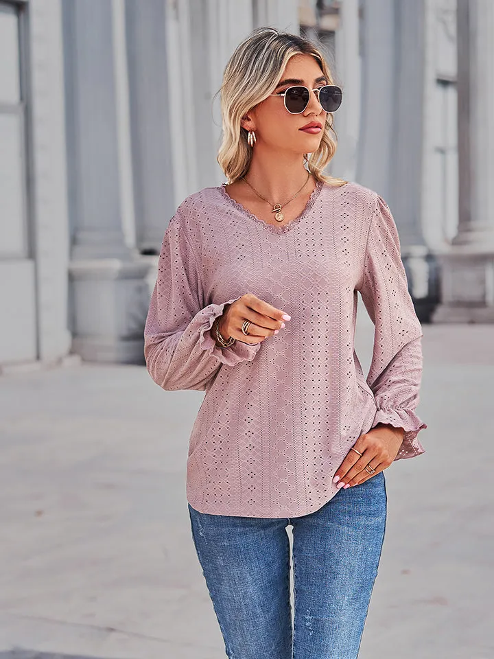 Eyelet V-Neck Flounce Sleeve Blouse (4 Colors)