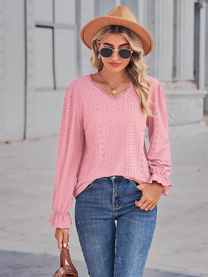 Eyelet V-Neck Flounce Sleeve Blouse (4 Colors)