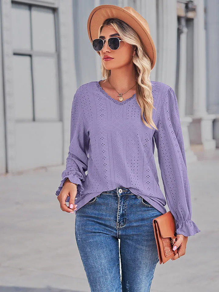 Eyelet V-Neck Flounce Sleeve Blouse (4 Colors)