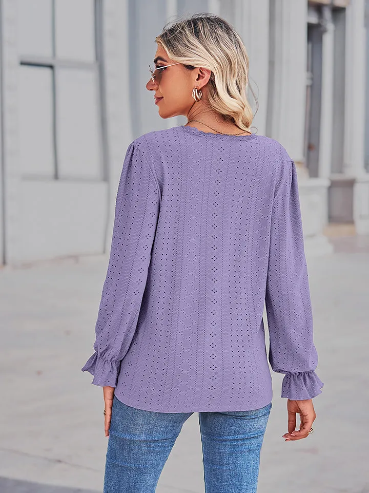 Eyelet V-Neck Flounce Sleeve Blouse (4 Colors)
