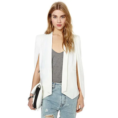 Fashion Cloak Cape Blazer Women Coat White Black Lapel Split Long Sleeve Pockets Solid Casual Suit Jacket Workwear