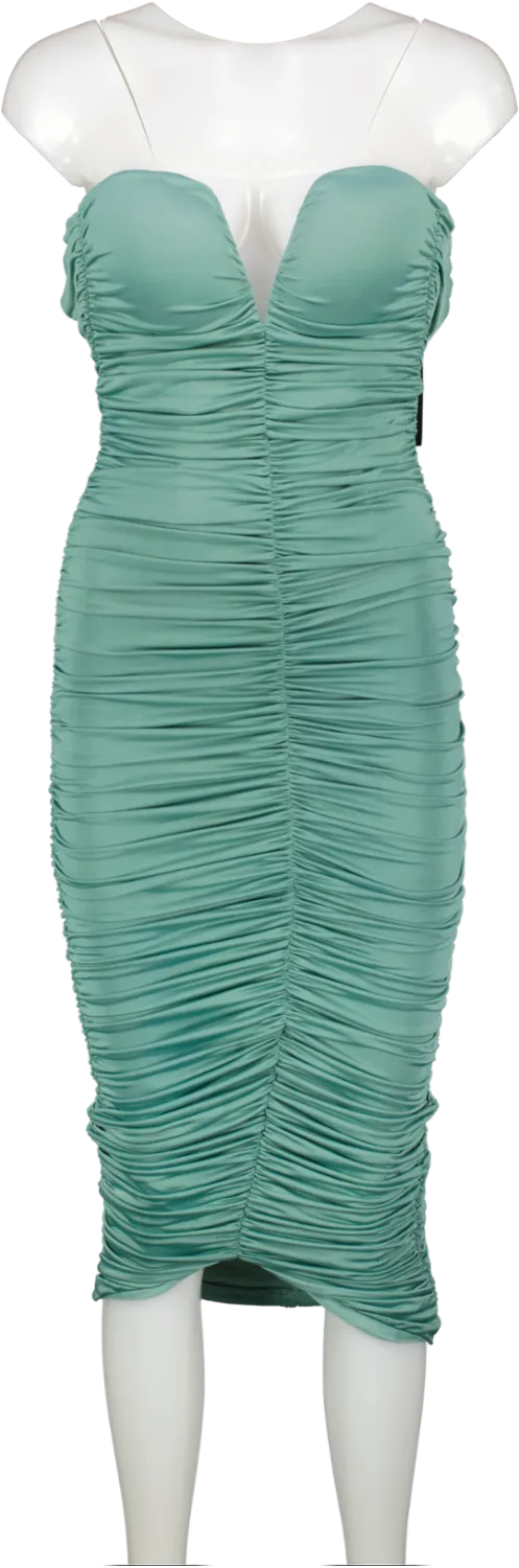 Fashion Nova Green Ruched Everywhere Midi Dress UK 4