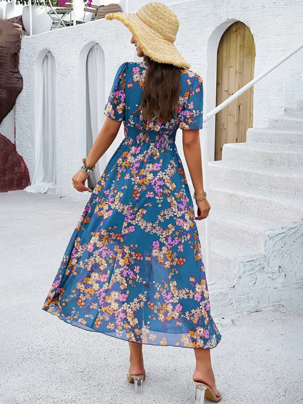 Floral Print Midi Dress with Waist-Cinching Smocked Design